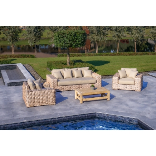 Anna Lux 4 Piece Outdoor Sofa Set in White Metal, Grey PE Wicker & Grey Sunbrella Fabric